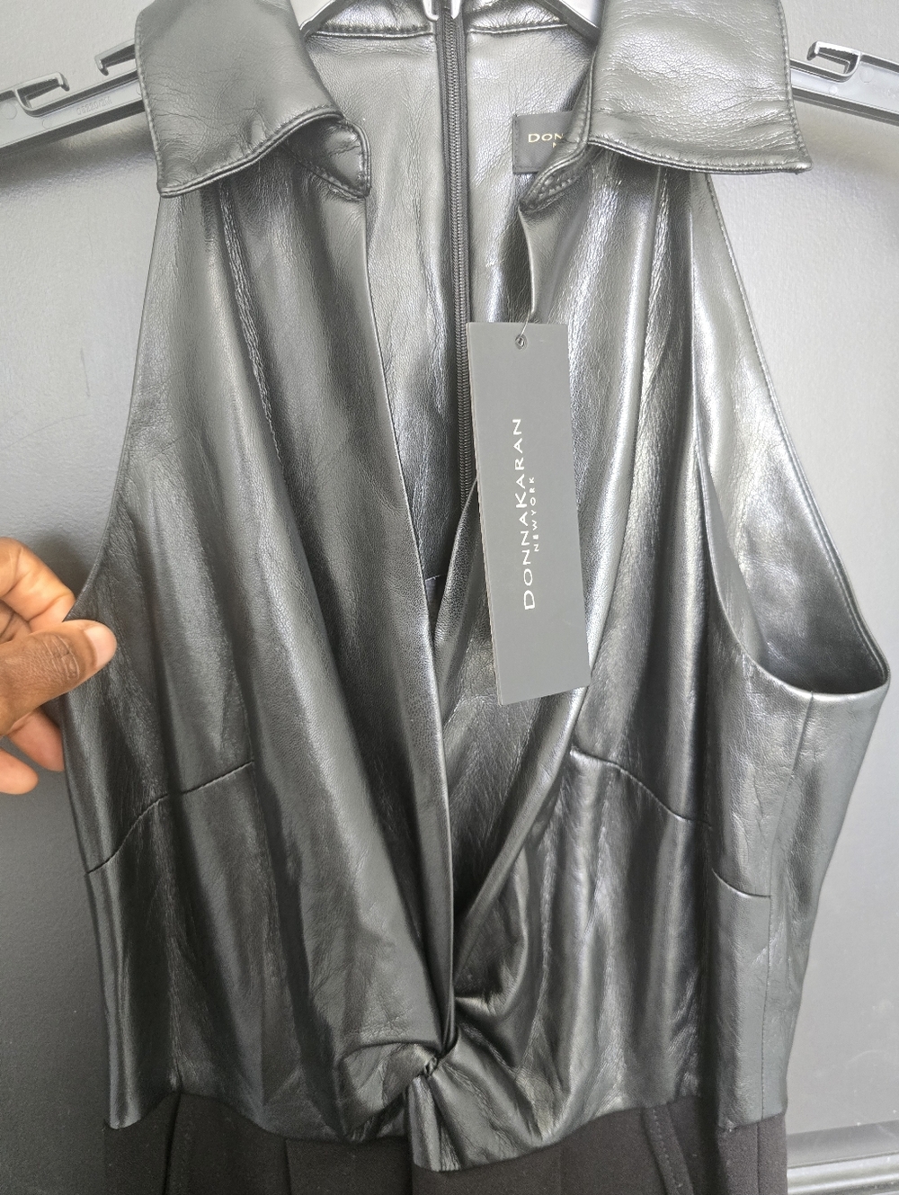 Donna Karan New York Black Faux Leather Wide Leg Jumpsuit Size 2 Halter Neck - Picture 12 of 14